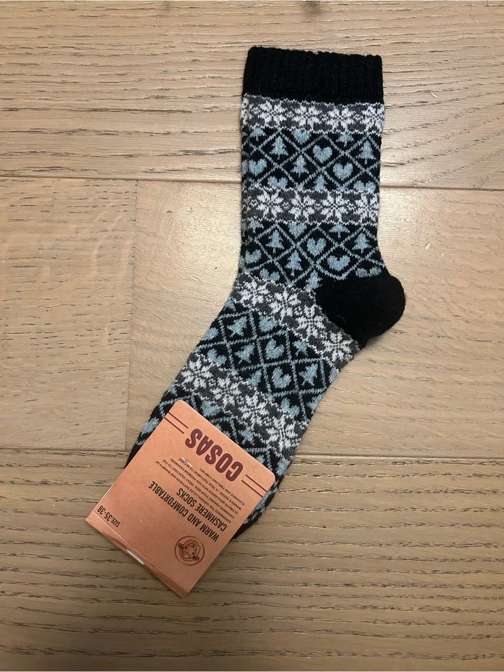 Cashmere Blend Cozy Patterned Crew Socks - Black and Light Blue Size 35-38